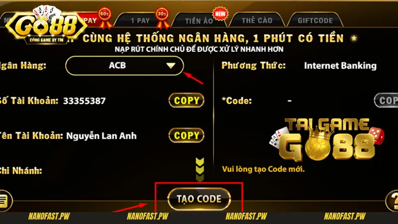 Giới hạn mức thanh toán khi nạp tiền Go88